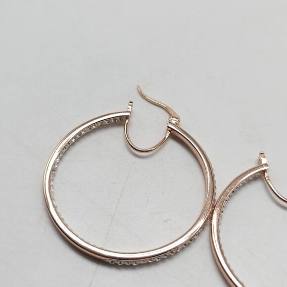 Rose Gold Tone Hoop Earrings With Rhinestone Accents 1.5" Diameter - Picture 4 of 6